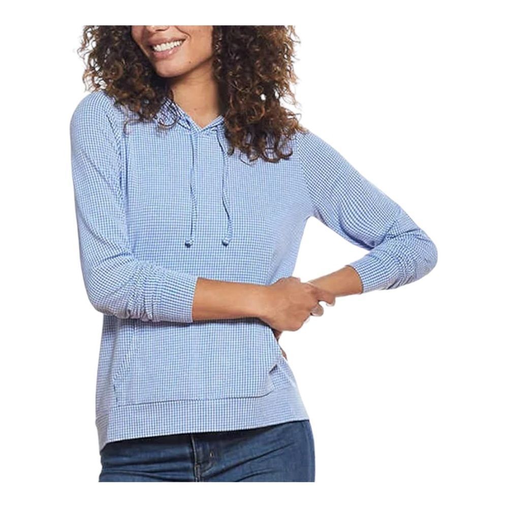 WEATHERPROOF VINTAGE Gingham Blue and White Long Sleeve Hooded Shirt.  Medium